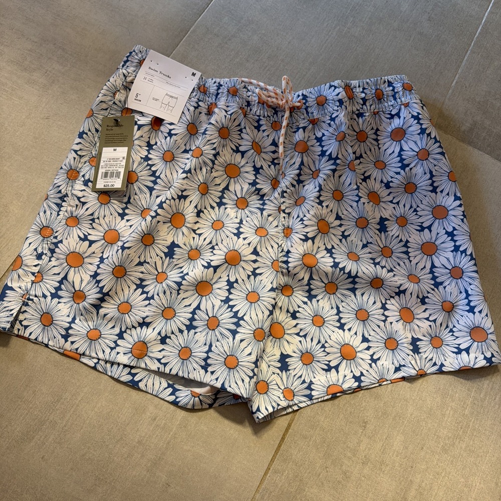 NWT Goodfellow & Co Men's 5" Daisy‎ Swim Trunks - Blue/Orange - Size Medium